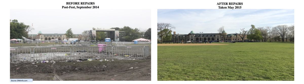 El antes y después en el Humboldt Park, tras algunos arreglos hechos por los organizadores de Riot Fest. 