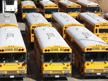Autobuses vacíos de LAUSD tras el cierre de todas las escuelas.