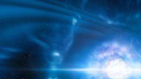 Una imagen virtual muestra la explosión de kilonova, fenómeno originado por la colisión de dos estrellas de neutrones.