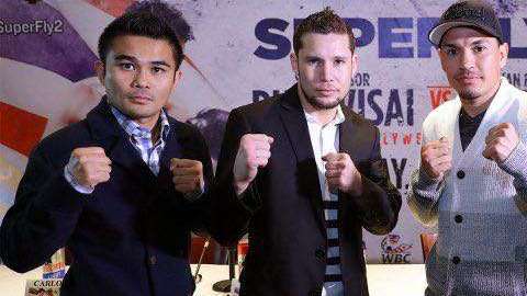 De izquierda a derecha, Brian Viloria, Carlos Cuadras, 'Gallo' Estrada y McWilliams Arroyo, participantes en una función de pequeños gigantes el 24 de febrero en Los Ángeles.