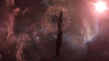 La manera en que Oumuamua se tambalea sugiere que estuvo involucrado en una colisión espacial, según esta ilustración artística.