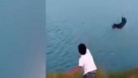 El sujeto avienta al cachorro al lago.
