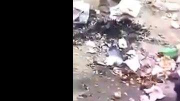 El hombre, rodeado de otros, descuartiza al perro.