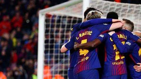 Los jugadores del FC Barcelona celebran el tercer gol ante el Leganés, en La Liga española. (Foto: EFE/Alejandro García)