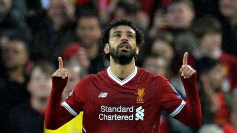 Mohamed Salah del Liverpool celebra su doblete ante la AS Roma en semifinales de Champions. (Foto: EFE/Peter Powell)