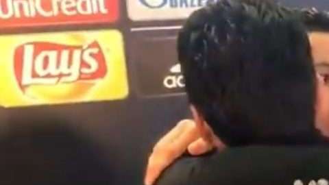 Cristiano Ronaldo y Gianluiggi Buffon en la zona mixta del Santiago Bernabéu.