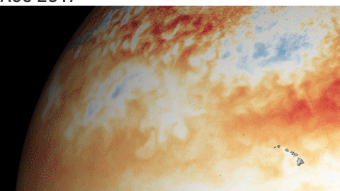 Cambio de temperatura por La Niña, de agosto de 2017 a abril de 2018.