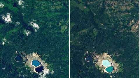 Las imágenes muestran los diferentes colores de los lagos del cráter en tres días diferentes,