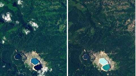 Las imágenes muestran los diferentes colores de los lagos del cráter en tres días diferentes,