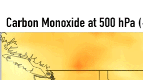 Humo y monóxido de carbono de los incendios en California (amarillo y naranja)