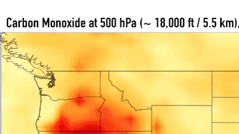 Humo y monóxido de carbono de los incendios en California (amarillo y naranja)