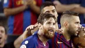 El defensa del FC Barcelona, Jordi Alba, celebra un gol ante el Huesca. (Foto: EFE/Toni Albir)
