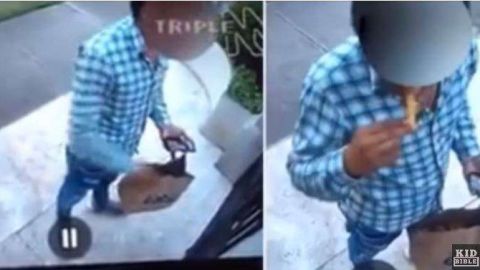 El repartidor discretamente robó una papa frita de la bolsa.