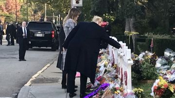 El presidente Donald Trump y la primera dama, Melania Trump, depositan flores y piedras en cada una de las estrellas colocadas en honor a las víctimas de la masacre en Pittsburgh.