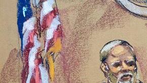 Dibujo realizado por la artista Jane Rosenberg donde aparece Joaquín "El Chapo" Guzmán (d) mientras escucha a su abogado Eduardo Balarezo.