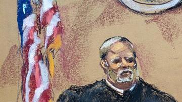 Dibujo realizado por la artista Jane Rosenberg donde aparece Joaquín "El Chapo" Guzmán (d) mientras escucha a su abogado Eduardo Balarezo.