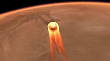 Un artista ilustra la entrada de InSight en Marte.