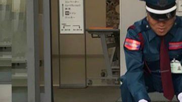 Uno de los gatos intentando atravesar la seguridad del museo.