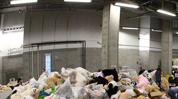 Miles de peluches en la pista de hielo para recaudar fondos para los niños necesitados.