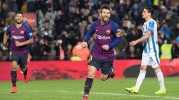 El delantero argentino del FC Barcelona Lionel Messi celebra su gol anotado al Leganés.