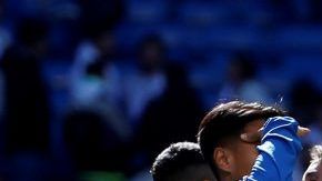 Los jugadores del Girona celebran la victoria de su equipo ante el Real Madrid.