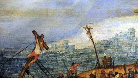 La copia de la Crucifixión, por Pieter Brueghel el Joven, está en Budapest.