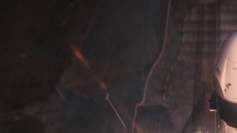 La ilustración muestra la nave espacial Crew Dragon de SpaceX y el lanzamiento del cohete Falcon 9.