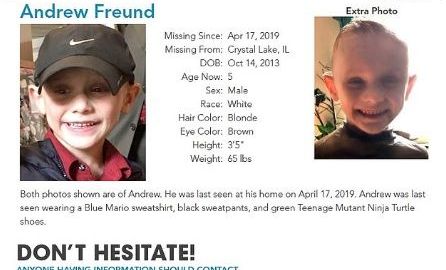 Andrew "AJ" Freund Jr. tiene 5 años de edad y está desaparecido desde el miércoles