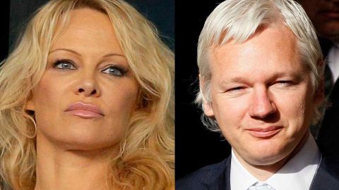 La actriz Pamela Anderson, izq., y el fundador de Wikileaks, Julian Assange, en una fotografía combinada.