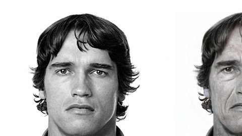 Arnold Schwarzenegger antes de usar la aplicación, después de usarla y como luce en la vida real actualmente.