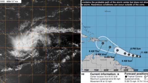 Imágenes del ciclón y la previsión del Centro Nacional de Huracanes.