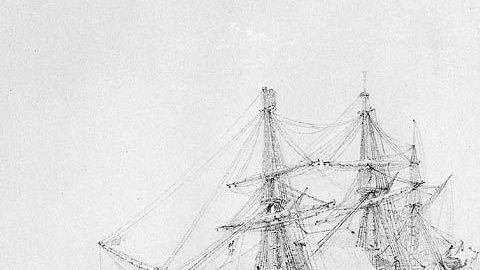 HMS "Terror" atrapado en el hielo. Grabado después de un dibujo del capitán.