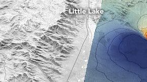 El mapa muestra el desplazamiento del suelo en Ridgecrest,  en metros.