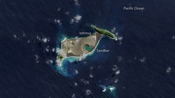 Los cambios en la isla se pueden apreciar en esta imagen tomada en septiembre de 2017. En enero de 2015, una isla recién nacida con una cumbre de 120 metros (400 pies) se encontraba entre dos islas más antiguas en el reino de Tonga. NASA Earth Observatory