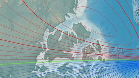 Mapa del movimiento del polo magnético en el Ártico en 2015.