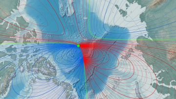 Mapa del movimiento del polo magnético en el Ártico en 2015.
