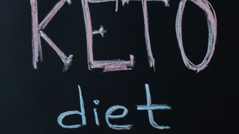 Ketogenic (keto) diet concept. Chalk board with text "Keto diet". Healthy eating and slimming. Nutrition