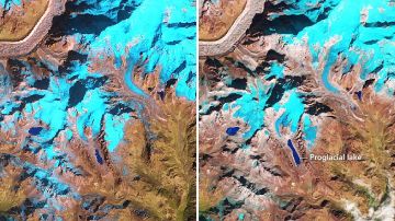 El deshielo del glaciar Kokthang, en Sikkim Himalaya, India, duplica el tamaño del lago.