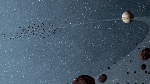 Representación artística de Júpiter y los asteroides troyanos.