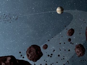 Representación artística de Júpiter y los asteroides troyanos.