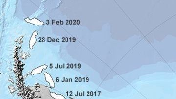 El iceberg gigante A68, que se liberó de la Antártida en 2017,  ahora está en el límite del hielo marino perenne/
