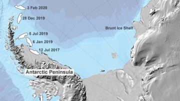 El iceberg gigante A68, que se liberó de la Antártida en 2017,  ahora está en el límite del hielo marino perenne/