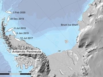 El iceberg gigante A68, que se liberó de la Antártida en 2017,  ahora está en el límite del hielo marino perenne/