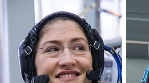 Christina Koch, Luca Parmitano y Alexander Skvortsov, aparecen en sus trajes de lanzamiento y entrada.