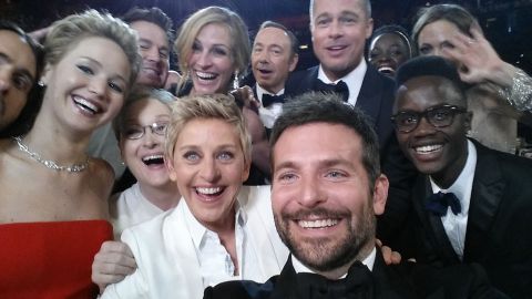 Host Ellen DeGeneres poses for a selfie taken by Bradley Cooper with Jared Leto, Jennifer Lawrence, Channing Tatum, Meryl Streep, Julia Roberts, Kevin Spacey, Brad Pitt, Lupita Nyong'o, Angelina Jolie, Peter Nyong'o Jr. and Bradley Cooper.