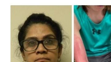 Bharade (izquierda), un niño herido y el producto cuestionado