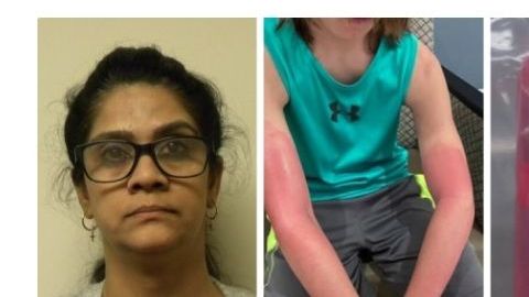 Bharade (izquierda), un niño herido y el producto cuestionado