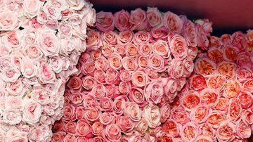 Gwyneth Paltrow enmarcada por una representación de una vulva hecha con rosas para el lanzamiento de su serie The Goop Lab.