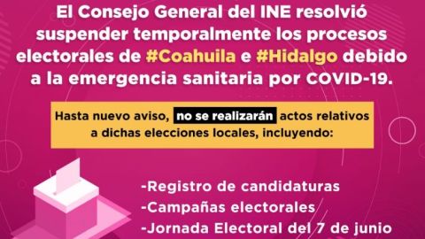 El INE anunció la suspensión de las elecciones que se realizarína el primer domingo de junio.