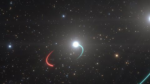Derechos de autor de la imagenESO/L.CALÇADA
Image caption
Este es el sistema estelar HR 6819. La estrella interna (azul) orbita al agujero negro (rojo). La estrella externa (también en azul) gira en torno a los dos.